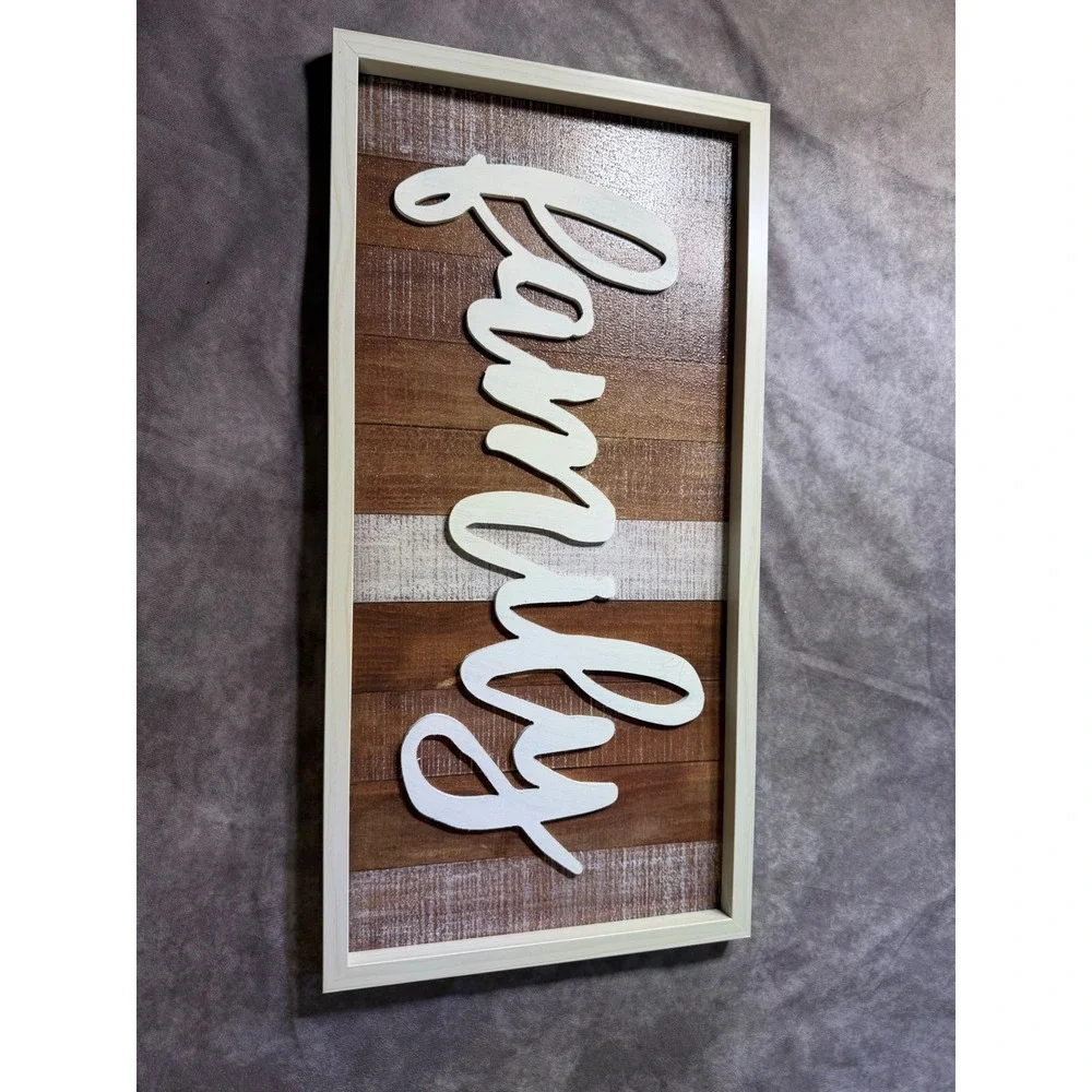 Rustic Family Wood Wall Decor Farmhouse Sign Brown White Script 12x24 Frame